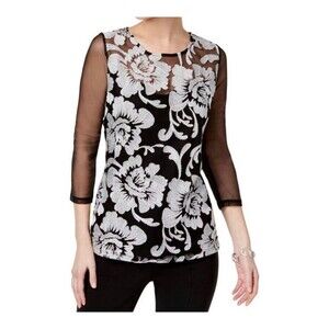 INC Floral Mesh Knit Blouse Black White Embroidered Sheer Romantic Size M